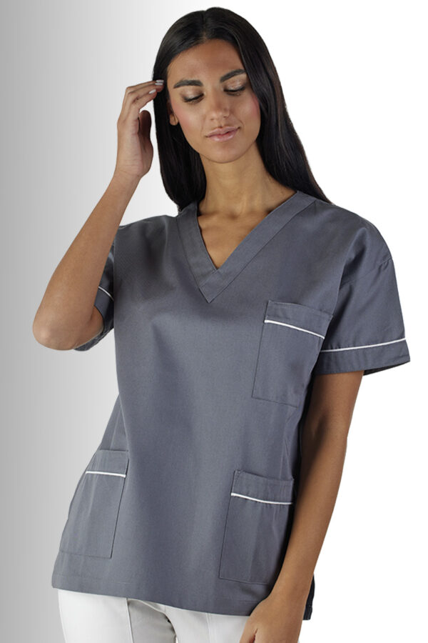 Casacca unisex collo V grigia con profili bianchi