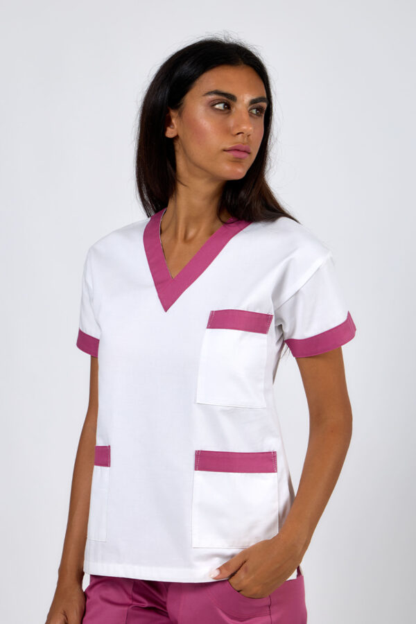 Casacca  donna collo V  bianca bordi fucsia