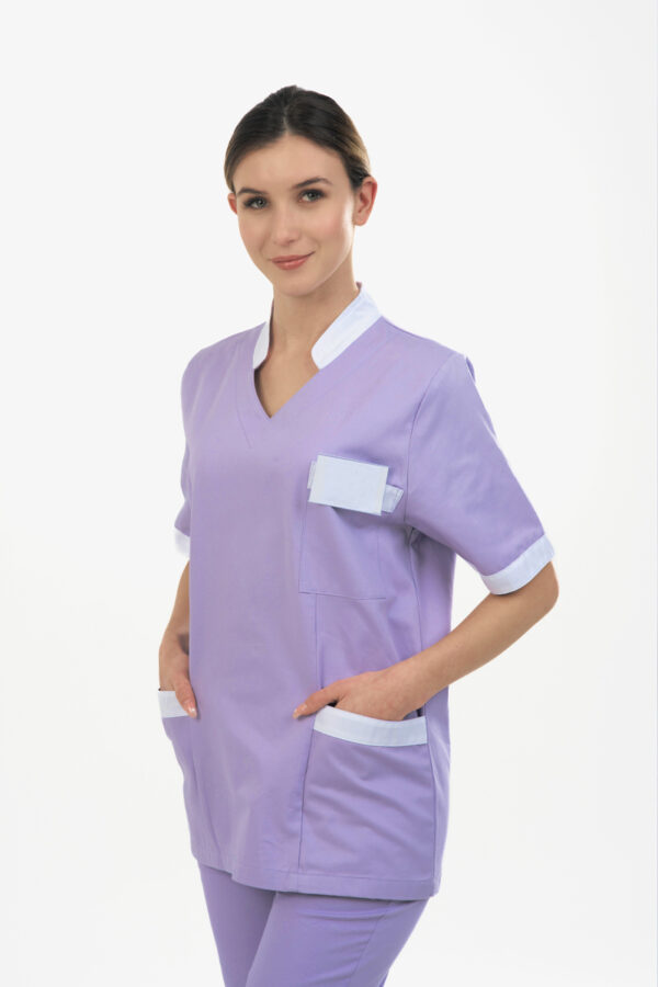 Casacca donna collo mezza coreana lilla bordi bianchi