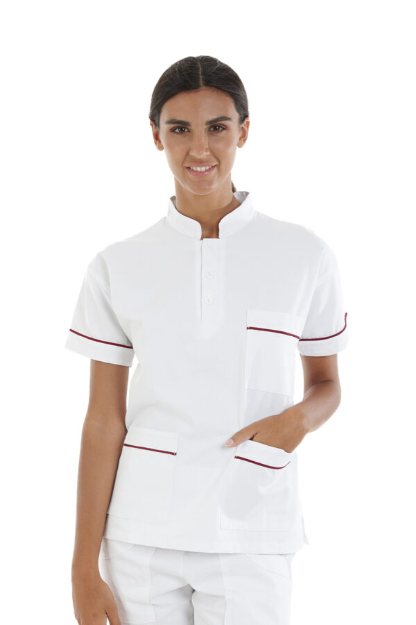 Casacca unisex collo coreana bianca con profili rossi