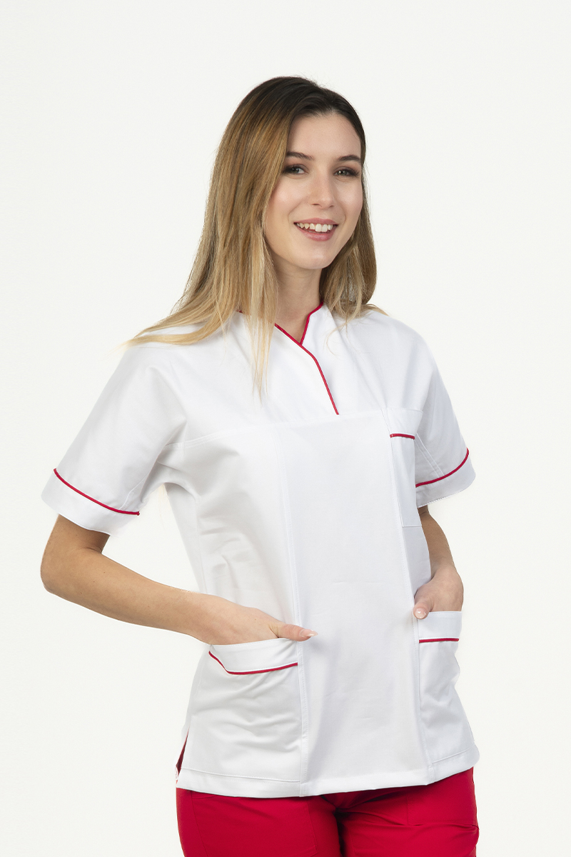 Casacca donna collo sovrapposto bianca profili rossi