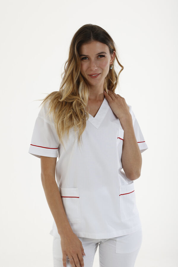 Casacca donna collo V bianca profili fucsia