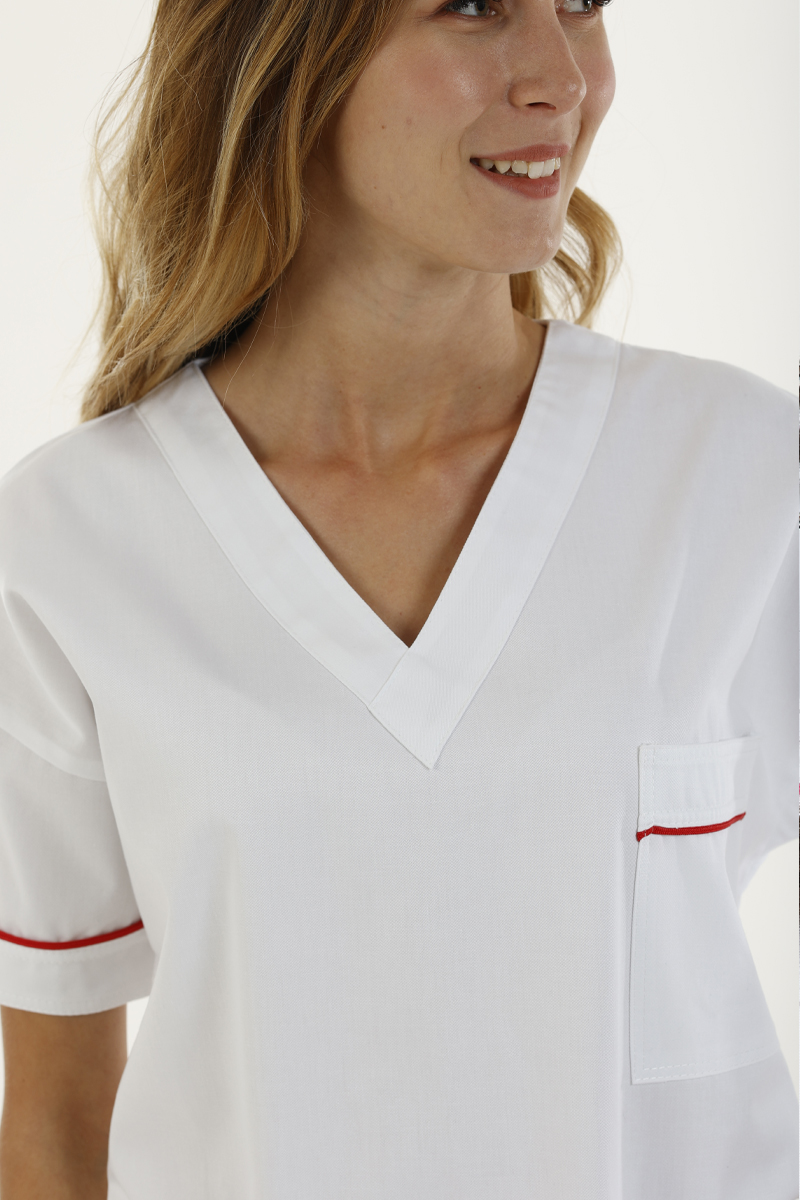 Casacca donna collo V bianca profili fucsia - immagine 2