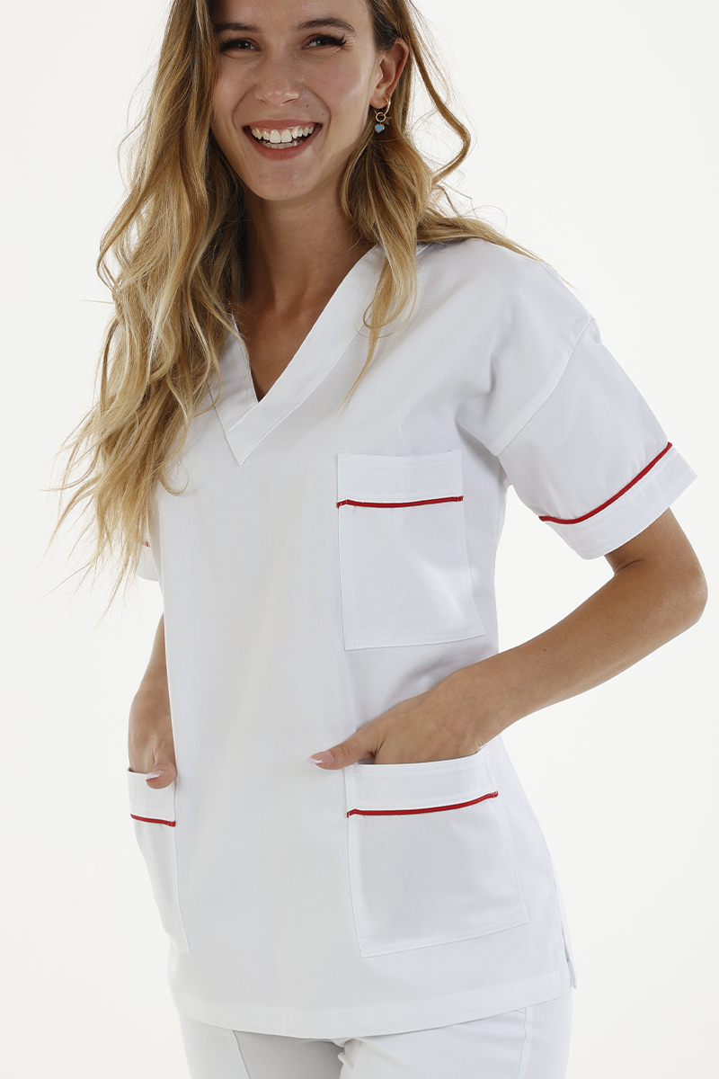 Casacca donna collo V bianca profili fucsia - immagine 5