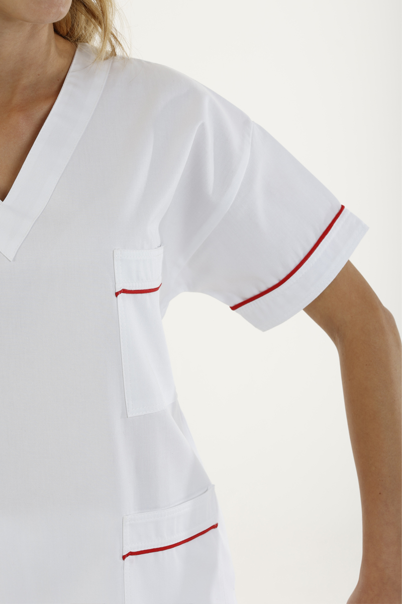 Casacca donna collo V bianca profili fucsia - immagine 3