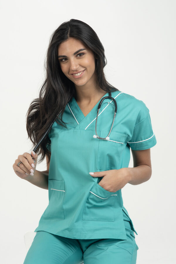 Casacca unisex collo V incrocio verde acqua e profili bianchi