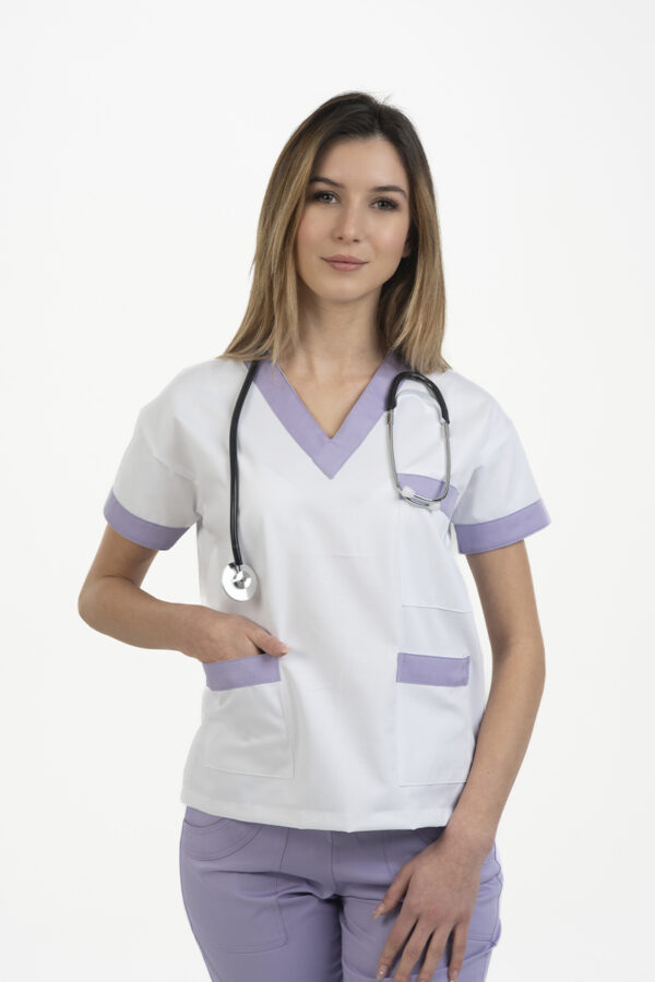 Casacca unisex collo V bianca bordi lilla