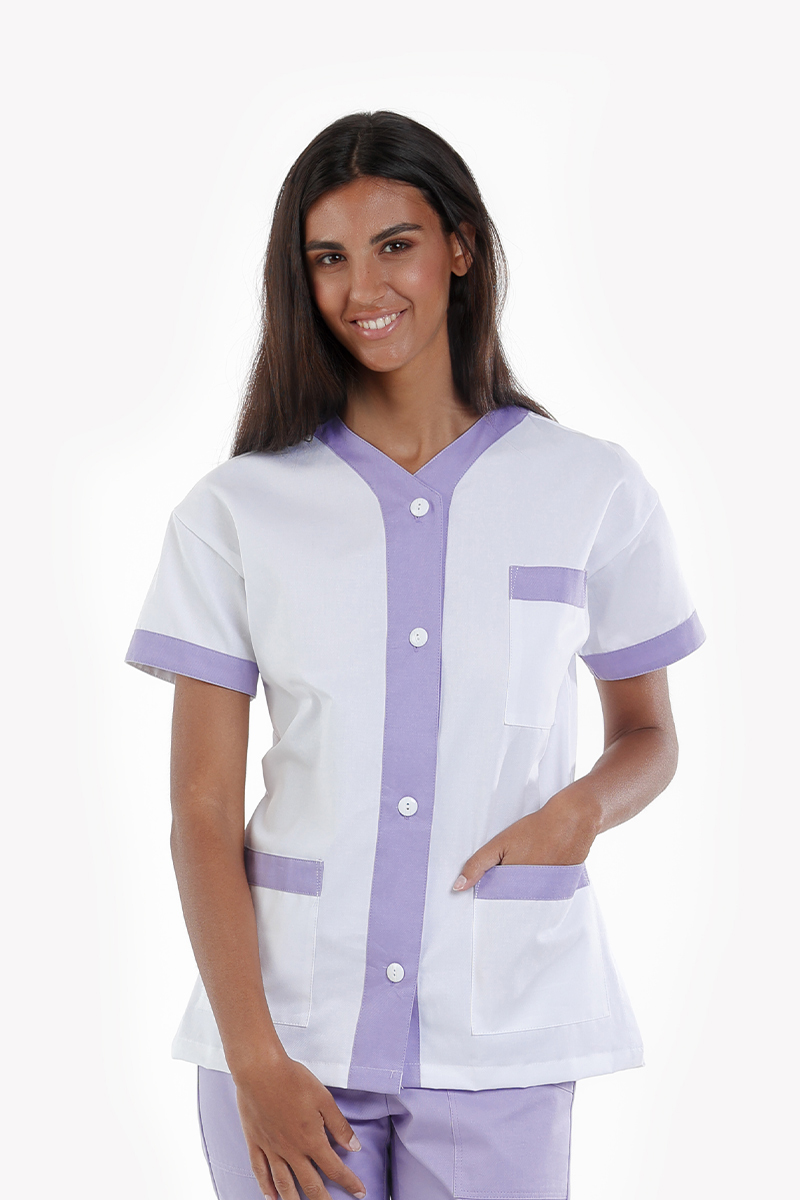 Giacca donna collo V bianca bordi lilla