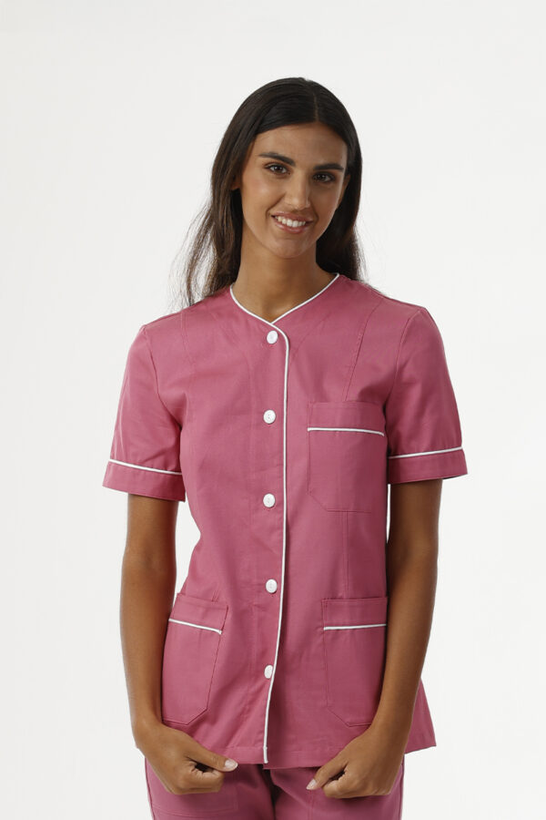 Giacca donna collo V piccolo fucsia con profili bianchi