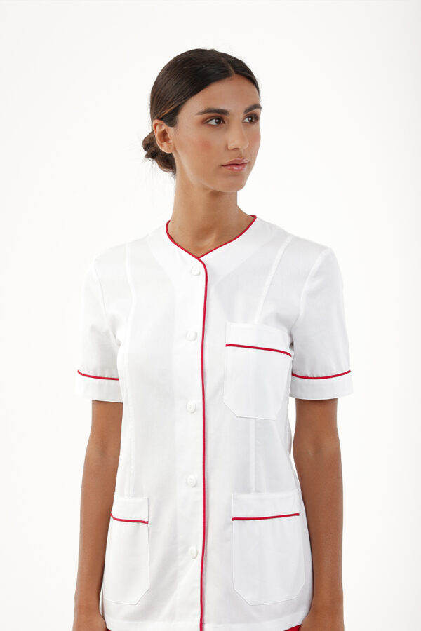 Giacca donna collo V piccolo bianca profili rossi