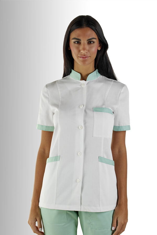 Giacca donna collo coreana bianca bordi verde acqua