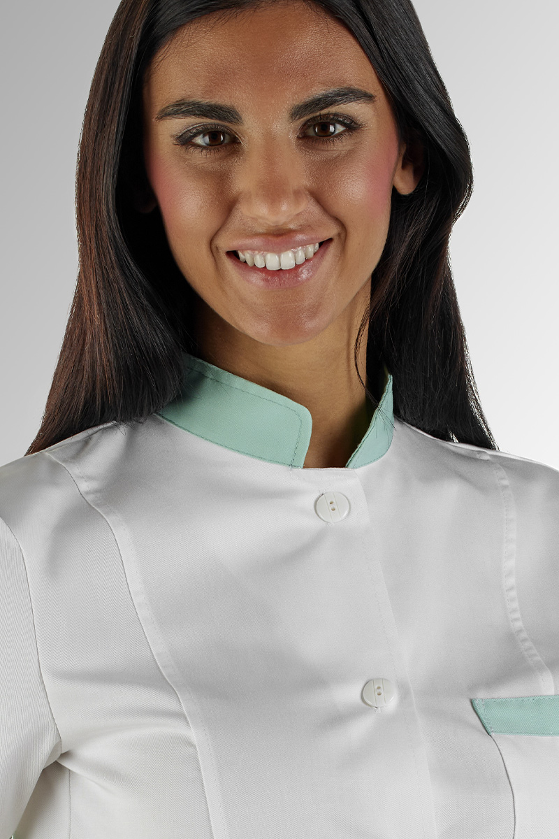 Giacca donna collo coreana bianca bordi verde acqua - immagine 3