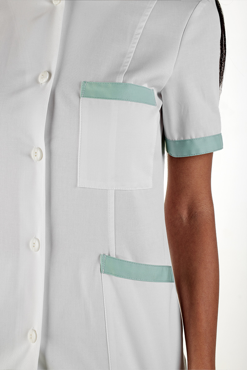 Giacca donna collo coreana bianca bordi verde acqua - immagine 2