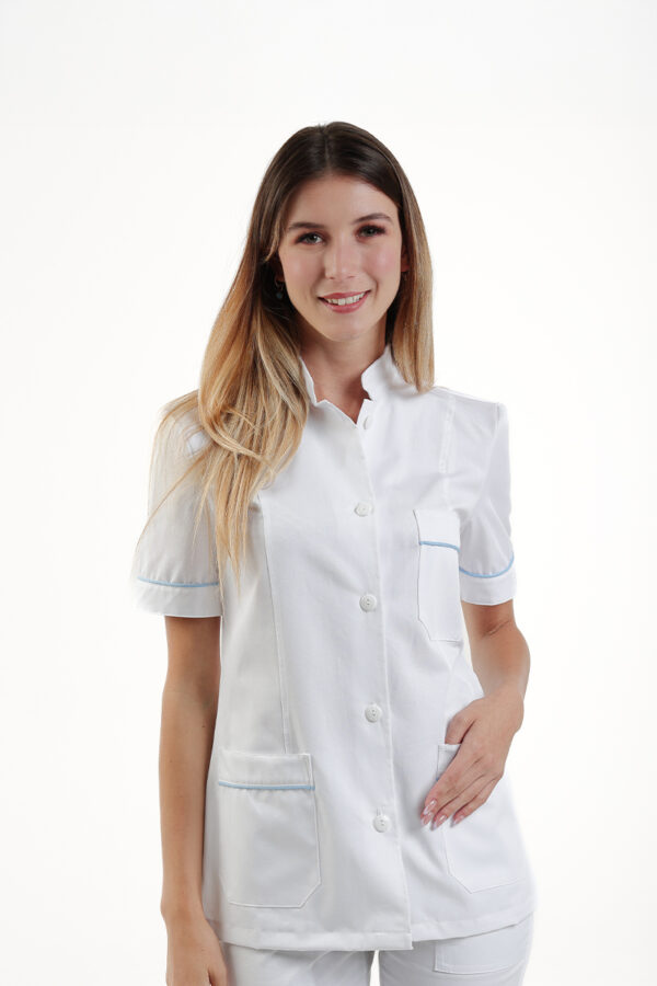 Giacca donna collo coreana bianca profili azzurri