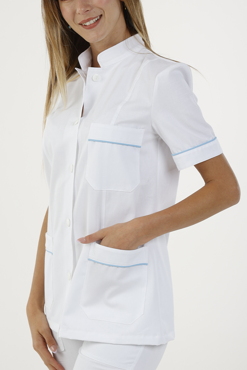 Giacca donna collo coreana bianca profili azzurri - immagine 4