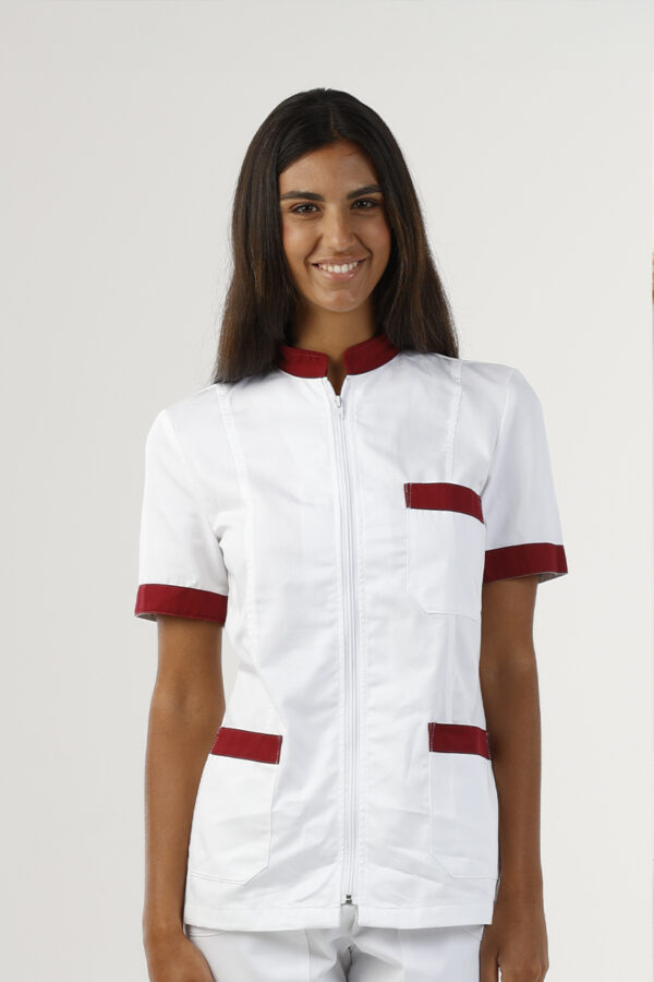Giacca donna collo coreana bianca bordi bordeaux