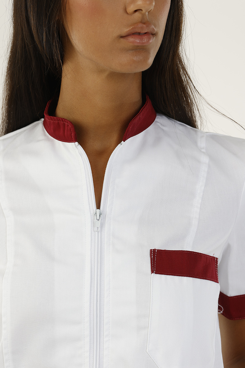 Giacca donna collo coreana bianca bordi bordeaux - immagine 2