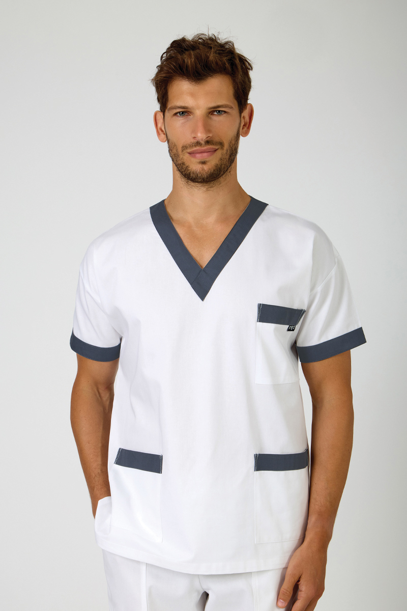 Casacca unisex collo V bianca bordi grigi