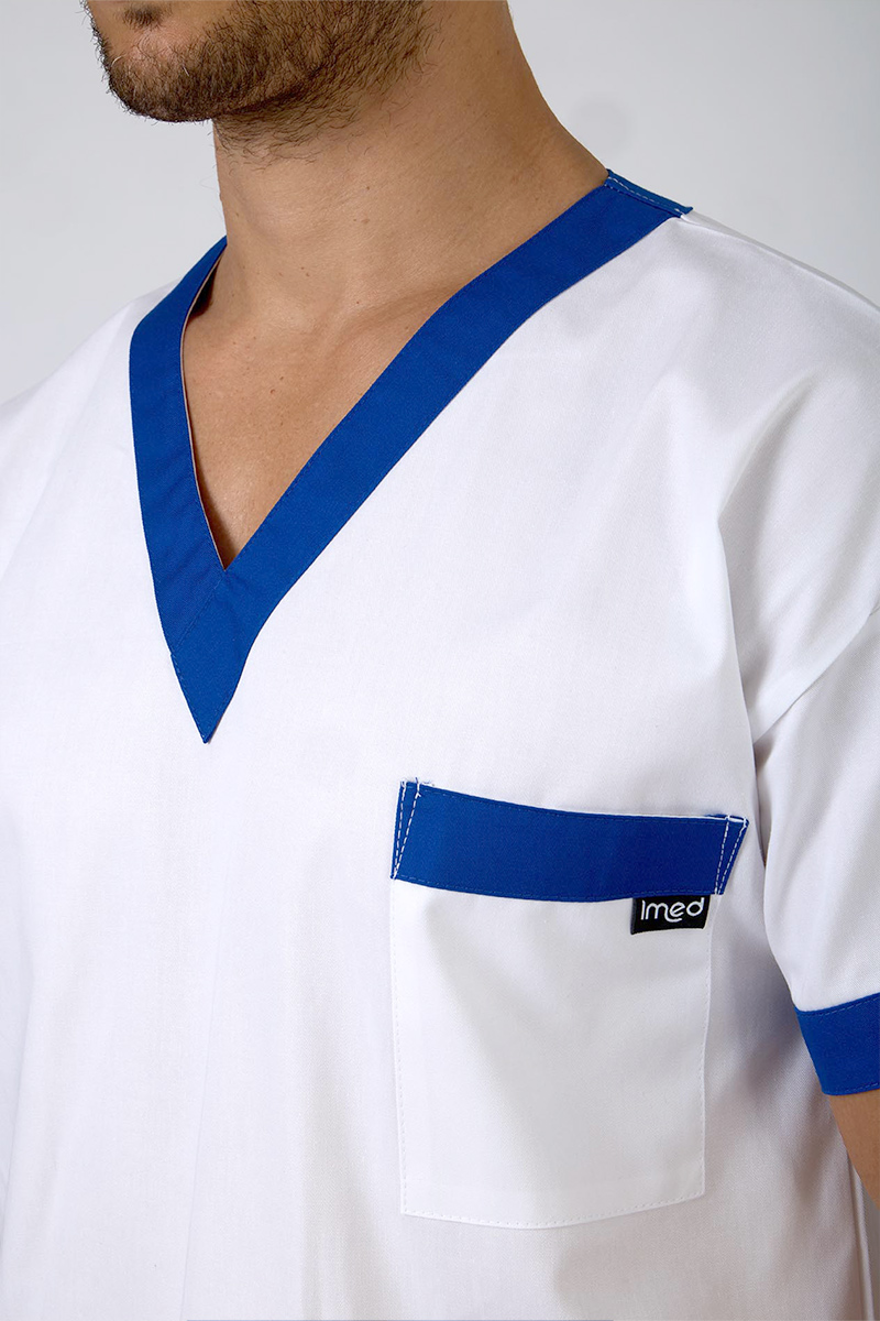 Casacca unisex collo V  bianca bordi bluette - immagine 3