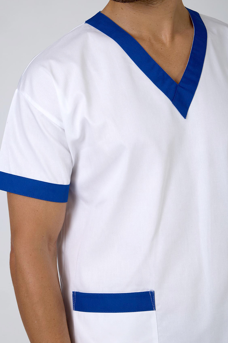 Casacca unisex collo V  bianca bordi bluette - immagine 2