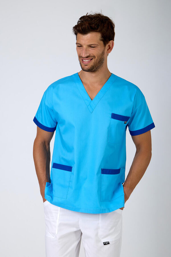 Casacca unisex collo V atollo bordi bluette misto cot./pol.