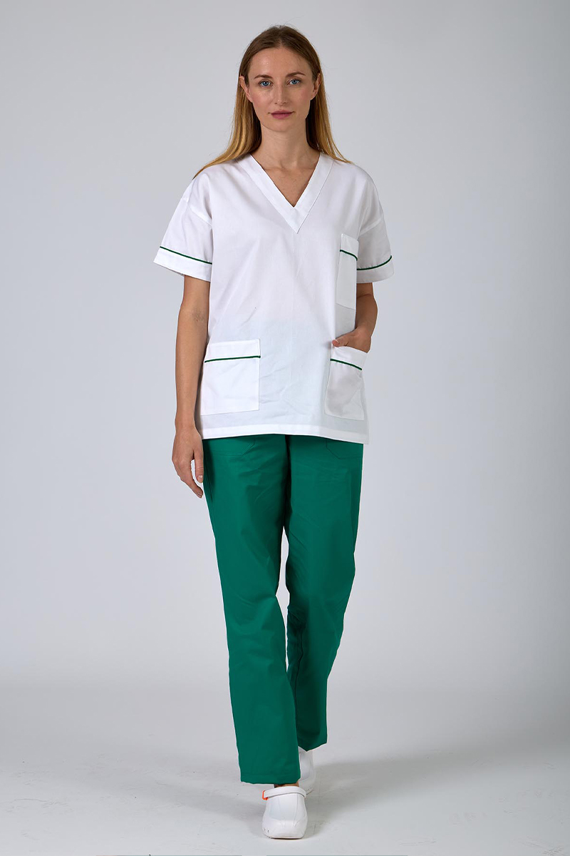 Casacca unisex collo V bianca con profili verdi - immagine 4