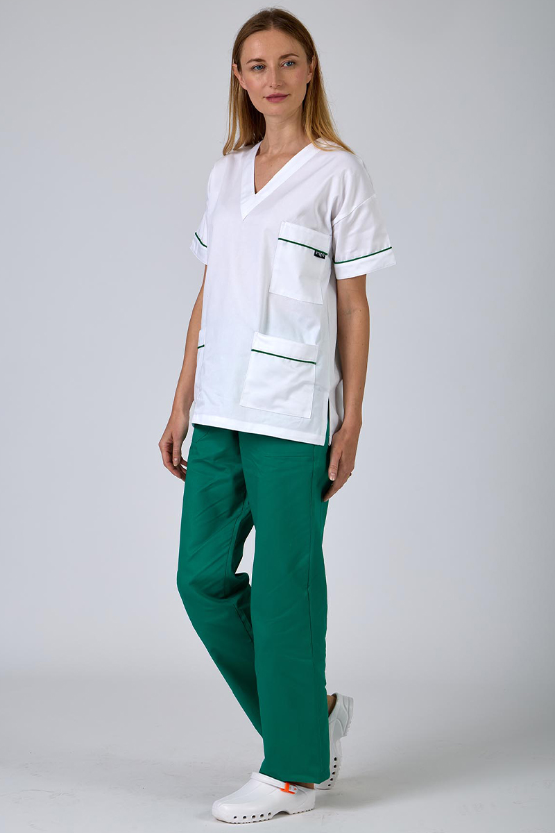 Casacca unisex collo V bianca con profili verdi - immagine 2