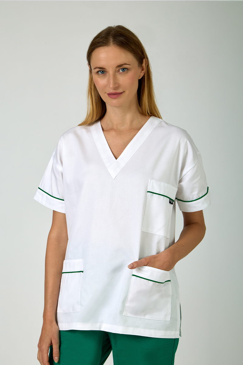 Casacca unisex collo V bianca con profili verdi