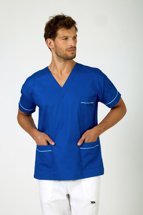 Casacca unisex collo V bluette con profili azzurri