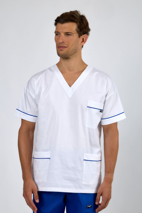 Casacca unisex collo V bianca profili bluette