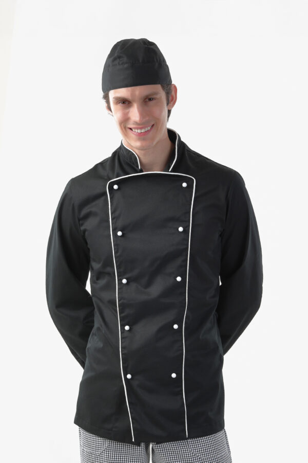 Giacca chef unisex nera con profili bianchi misto cot./pol.