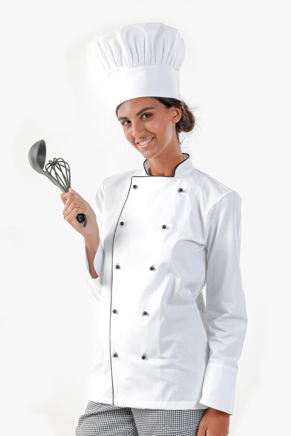 Giacca cuoco unisex bianca profili neri misto cot./pol.