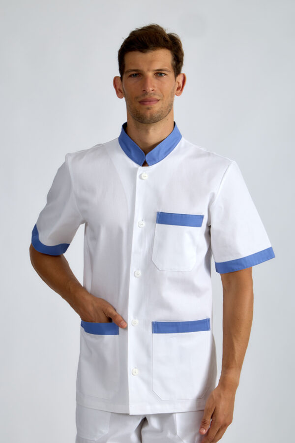 Giacca unisex collo coreana bianca bordi azzurri