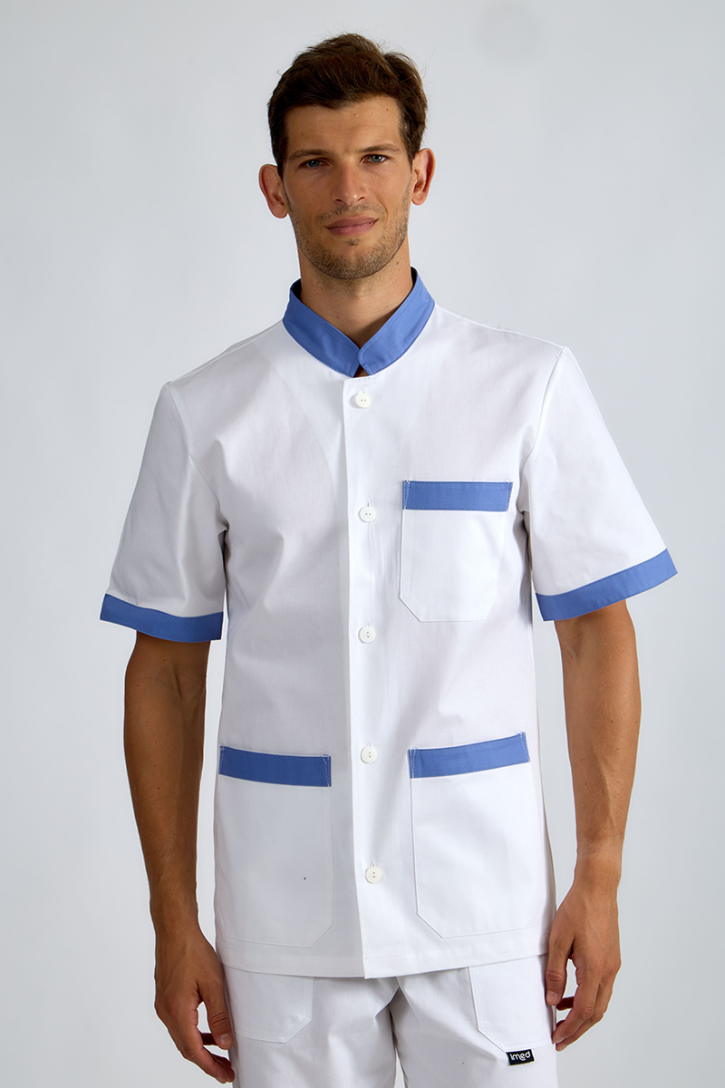 Giacca unisex collo coreana bianca bordi azzurri - immagine 4