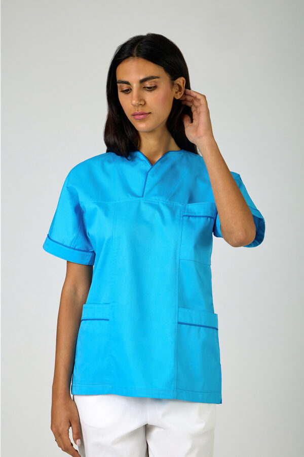 Casacca donna collo sovrapposto atollo con profili bluette misto cot./pol.