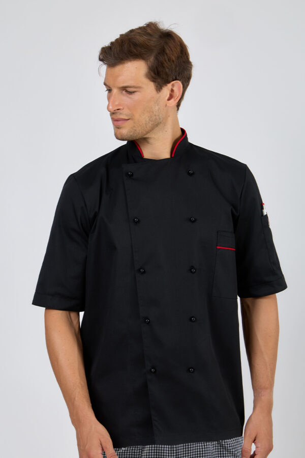 Giacca cuoco unisex nera profili rossi misto cot./pol.